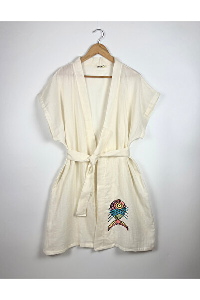 Kidilia Patterned Sequin Fish Visual Ecru Color Low Sleeve Muslin Kimono