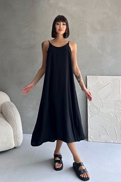 blck & premium Kadın Siyah Aerobin Kumaş Ayarlanabilir Askılı Uzun Elbise