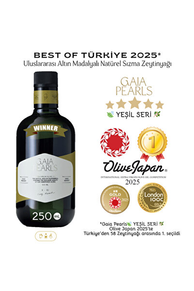 GAIA PEARLS Yeşil Seri 250 ml Milas Memecik Erken Hasat Soğuk Sıkım Zeytinyağ...