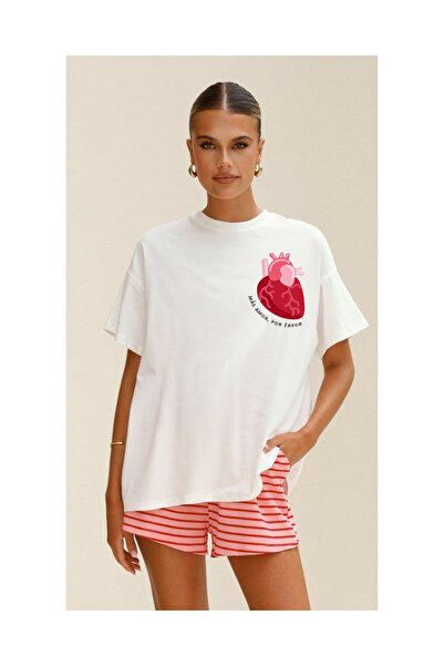 Tubinyoo تي شيرت كبير الحجم للجنسين منقوش على شكل قلب