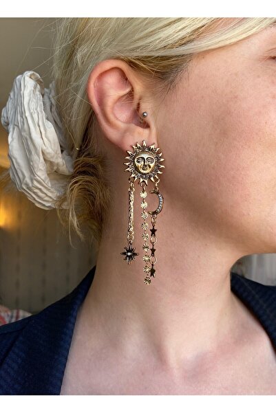 MIRADA JEWELRY Vintage İnci Detaylı Sallantılı Güneş Ay ve Yıldız Küpe