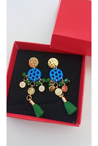 shop Etnik Tasarım Süryani Taşı Küpe – Püskül ve Altın Renk Detaylı