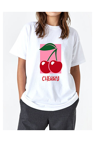 Tubinyoo تي شيرت كبير الحجم للجنسين منقوش بالكرز