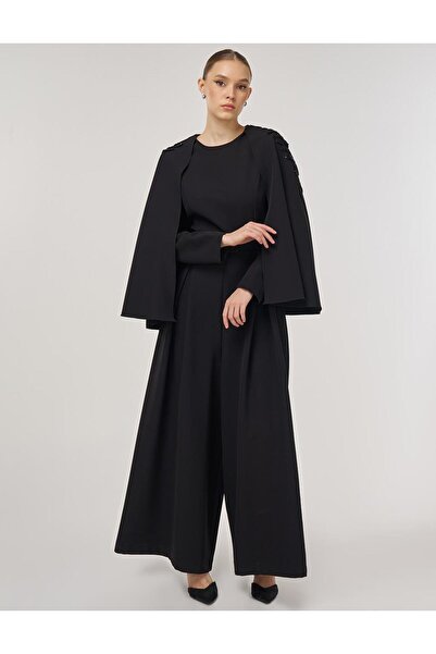 Kayra Stylish Jumpsuit with Embroidery Detail Black
