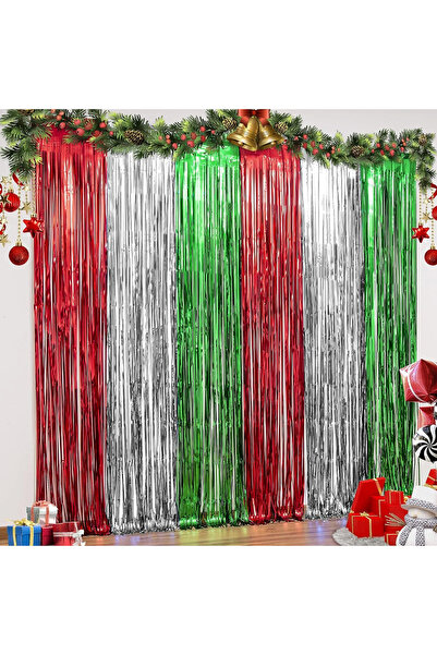 LOLStar Set de 3 perdele cu franjuri de Crăciun, folie, verde/roșu/argintiu, ...