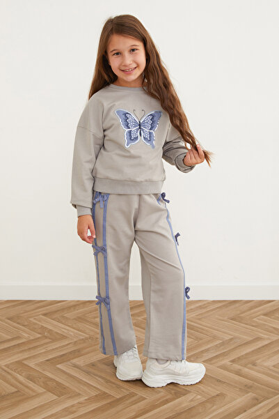 Fulla Moda Kelebek Nakışlı Kurdeleli Kız Çocuk Takım