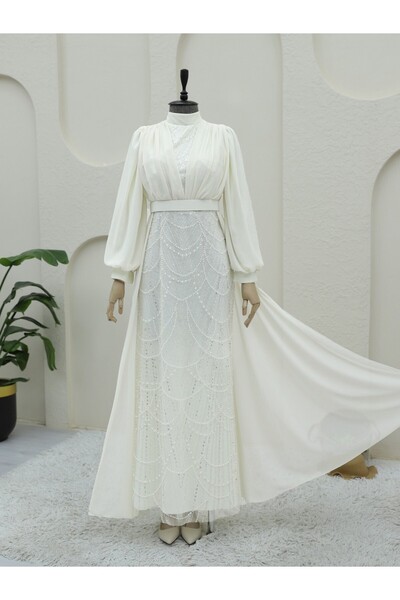 Modamorfo Beaded and Sequined Detailed Belted Chiffon Evening Dress - White