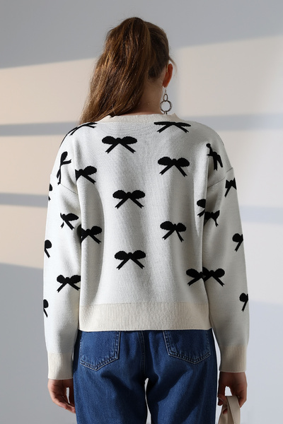 ALCHON Round Neck Long Sleeve Jacquard Panel Bow Tie Bow Pattern 5 Buttons Winter Knitwear Cardigan