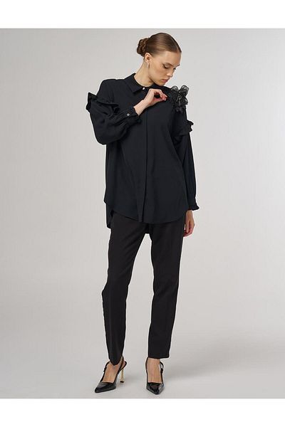 Kayra Stylish Tunic with Ruffle Detail Black
