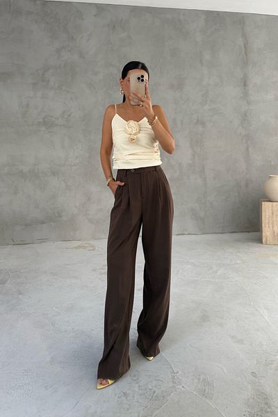 Seda Yalçın Atelier Brown High Waist Wide Leg Palazzon Trousers