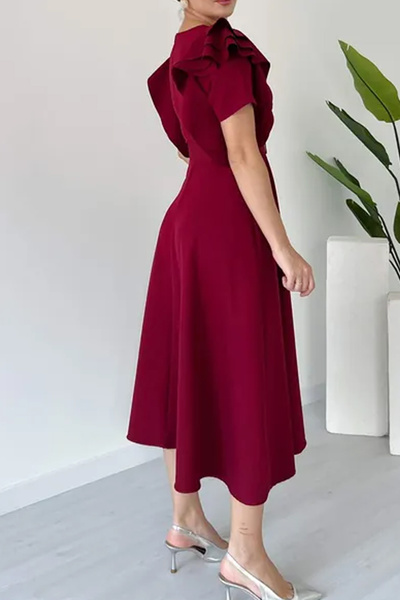 MILANOFOX Atlas Crepe A-Line Midi Length Dress with Shoulder Ruffle Detail and Belt