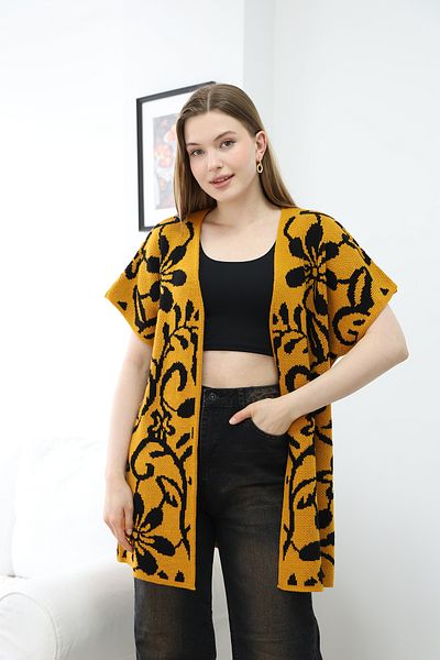 ALCHON V-Neck Unlined Jacquard Panel Floral Patterned Seasonal Knitwear Vest Cardigan
