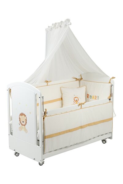 MeltemKids Sweet Lion Anne Yanı Ahşap Sallanır Beşik 60x120 cm (beyaz-lion)