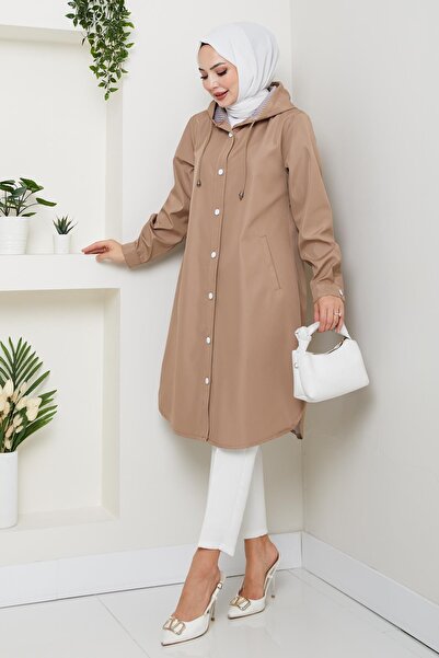 Hb Harma Time Butik Kadın Kapüşonlu İçi Çizgili Mevsimlik Vizon Trenç