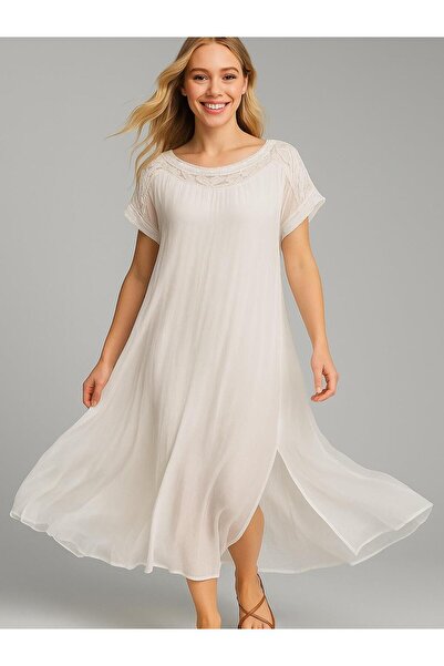 Butik İtalyan Pul Payet Detaylı İpek Elbise - BEYAZ