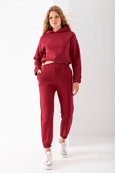 GİYSA Women's Hooded Stopper 3-Strand Hooded Tracksuit Set Claret Red - 2605