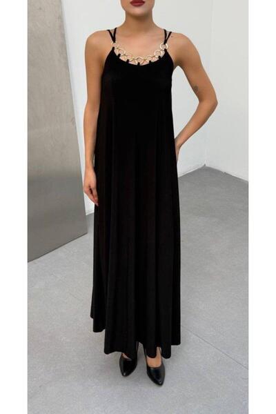 modamtn Women's Shoulder Strap Bird's Eye Chain Detail Sandy Fabric Maxi Size Dress