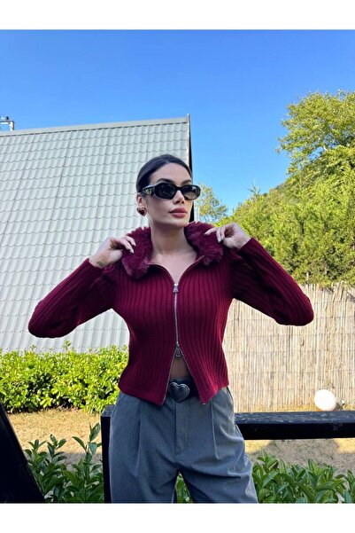 İKRAFASHİON Fur Collar Knitwear Cardigan