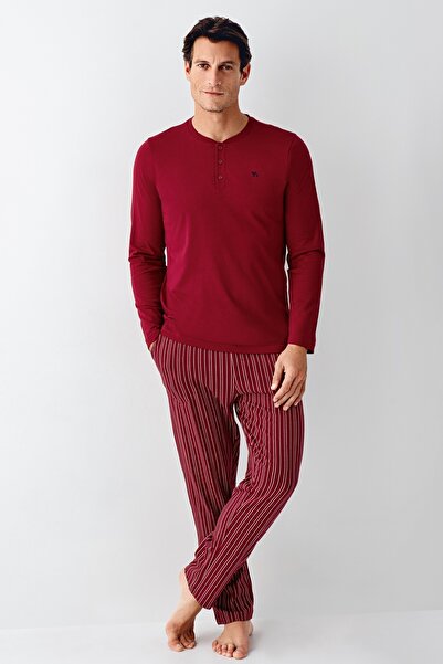Arnetta Erkek Sade Üç Düğmeli Uzun Kol Çizgili Pantolon Pijama Takımı (Battal Beden Vardır)