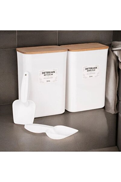 emdeco 2'li Ahşap Vakum Kapaklı Beyazlar Renkliler Etiketli Deterjan Saklama Kabı Kutusu Ölçek Hediyeli