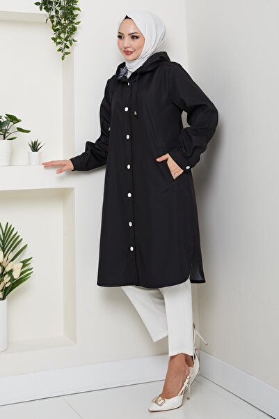 Hb Harma Time Butik Kadın Kapüşonlu İçi Çizgili Mevsimlik Siyah Trenç