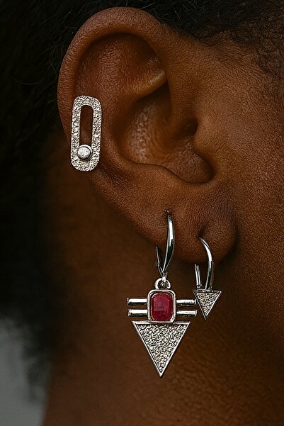 TAKIŞTIR Silver Color Stone Detailed Vip Set of 3 Ysx Earrings