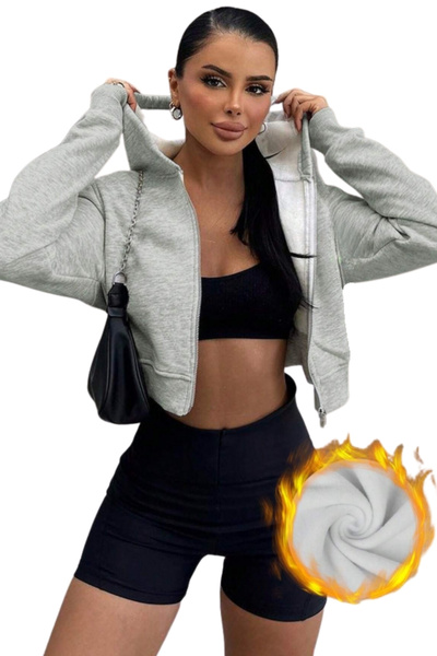 Sweetline Gray Women's Crop Zipper Hooded Sweatshirt