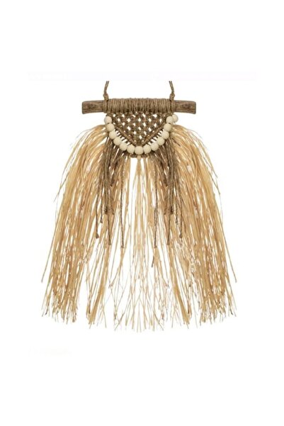 CXN Decorațiune de perete cu mărgele din lemn și frunze de rafie 23x40cm