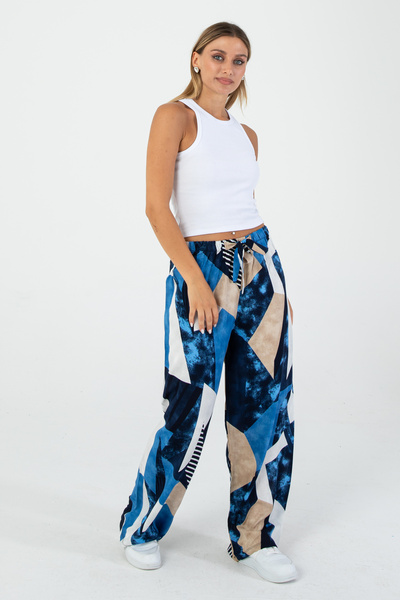 Nuevo Kadın Rahat Kesim Mavi Desenli Bol Paça Pantolon – Günlük Kombin Şık