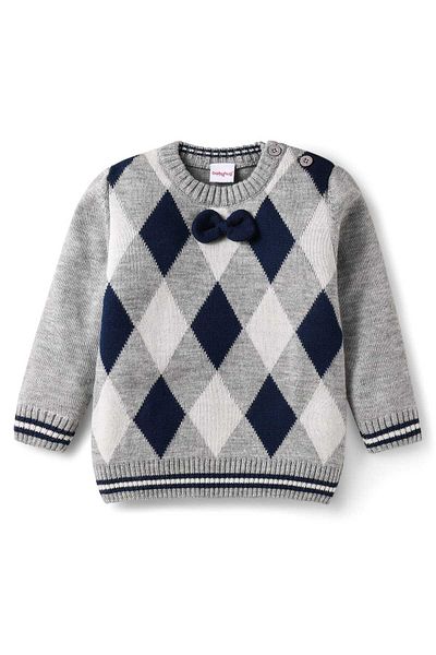 Babyhug Knitted Full Sleeves Pullover Sweater with Argyle Design & Bow Applique - Grey