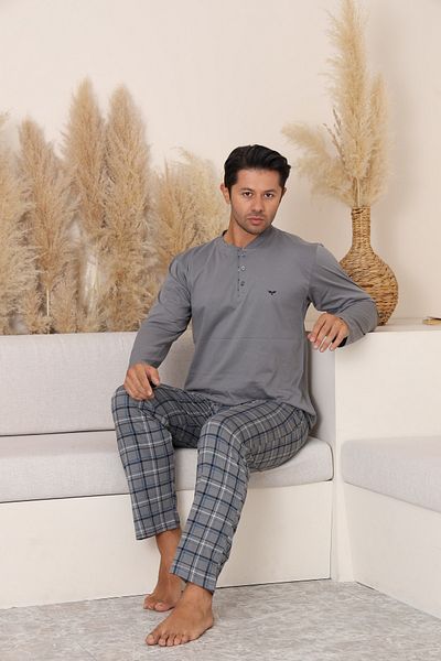 KAPİTEX New Season Long Sleeve Collar Placket Three Button Pants with Pockets Plaid Gray Color Men's Pajama Set