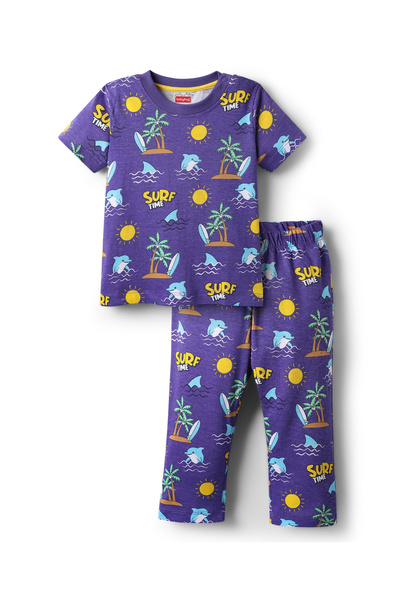 Babyhug Cotton Knit Half Sleeves Co-ords Night Suit With Beach Theme Print - ...