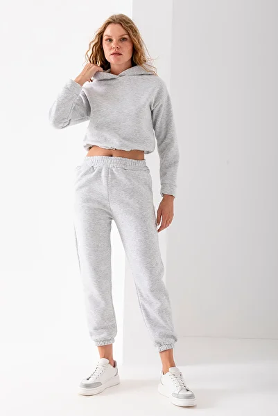 GİYSA Women's Hooded Stoppered 3-Strand Hooded Tracksuit Set Gray - 2605