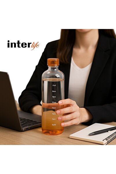 İnterlife Glass Water Bottle Borosilicate Water Bottle with Clock 700 ml