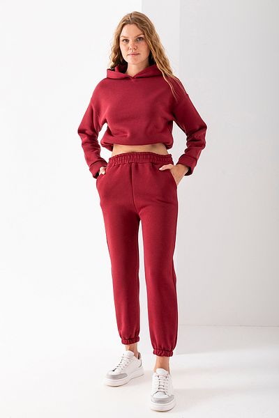 GİYSA Women's Hooded Stopper 3-Strand Hooded Tracksuit Set Claret Red - 2605