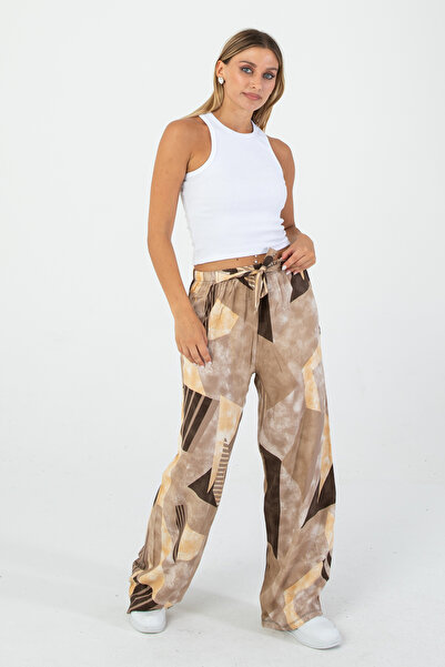 Nuevo Kadın Modern Kahverengi Geometrik Desenli Bol Paça Pantolon – Trend & Ş...