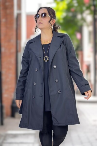 yagmurberen Wooden Button Detail Biblied Double-Breasted Women's Trench Coat in Medium Size