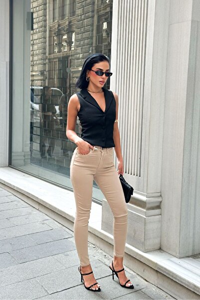 HLT JEANS Kadın Bej Süper Skinny Fit Esnek Likralı Yüksek Bel Jean Kot Pantol...