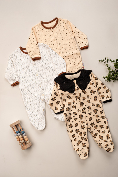 DEFNE LİNA BABY Baby Girl Floral Patterned 3-6-9 Months 3-Piece Cotton 3-Piece Jumpsuit with Booties