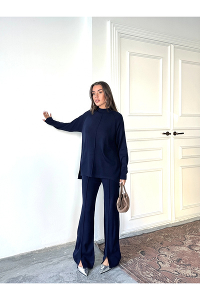 Lusin Women's Half Turtleneck Sweater Pants Bottom Top Knitwear Set - Navy Blue (New Color)