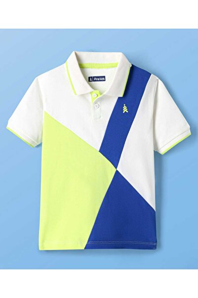 Pine kids قميص بولو بأكمام نصفية، مقطوع ومخيط، بألوان متعددة، مطبوع عليه شعار العلامة التجارية - أبيض وأزرق