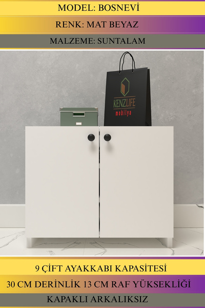Kenzlife Kapaklı Ayakkabılık Bosnevi Mat Beyaz Suntalam 050*060*30 Dokuz Çift Ayakkabı Kapasitesi Arkalıksız