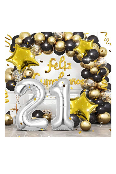 21 Rakamlı Lüx Doğum Günü,Büyük Boy Özel Gün Balon GOLD VE GÜMÜŞ
