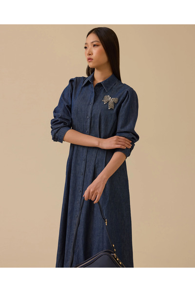 SCL Stone Detailed Shirt Collar Jean Dress