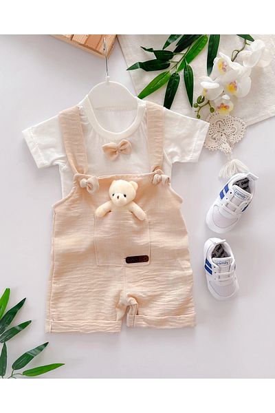 hümabebe Removable Teddy Bear Bow Tie Summer Muslin 2-Piece Slippers Set
