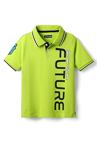 Pine kids قميص بولو بأكمام نصفية مع طبعة نص "أفضل مستقبل" - أخضر