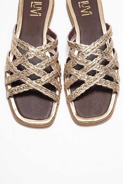 LuviShoes Alisha Gold Genuine Leather Knitted Strap Women's Slippers