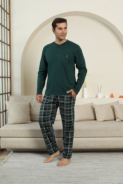 KAPİTEX New Season Long Sleeve Lapel Collar Three Button Trousers with Pockets Khaki Color Plaid Men's Pajama Set