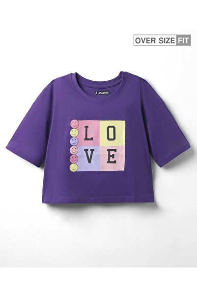 Pine kids تي شيرت بأكمام نصفية وأكتاف منسدلة مع طباعة نص حب - أرجواني