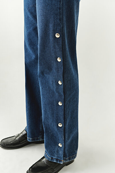 Exquise Yanları Çıt Çıtlı Cepli Geniş Paça Regular Denim İndigo Pantolon